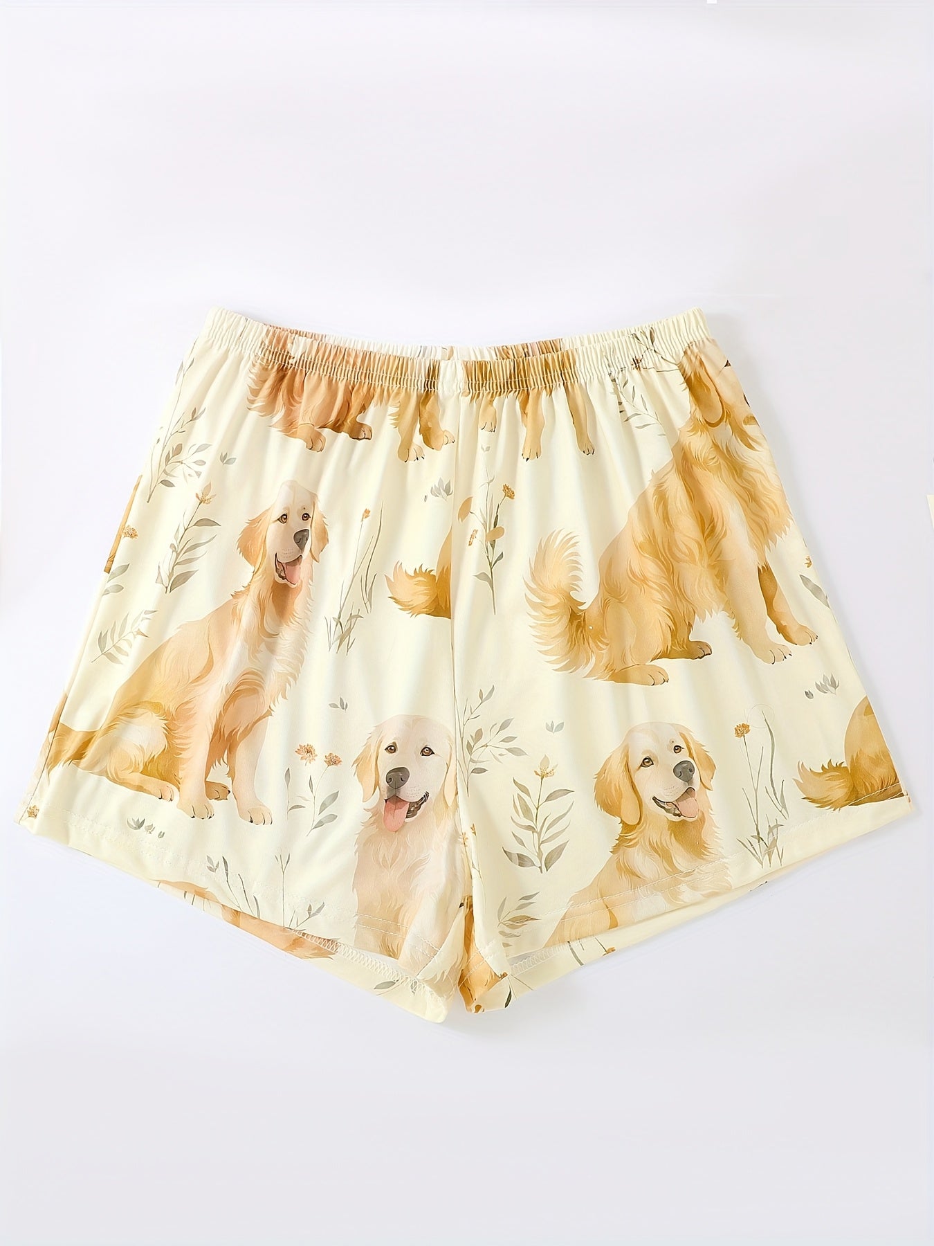 Crew Neck Three Piece Apricot Floral Golden Retriever Puppy Animal Print Adult Pajama Set, Short Sleeve Top And Loose Elastic Shorts And Pants, Casual Four Seasons Women'S Pajama And Loungewear Set, Can Be Worn All Year Round