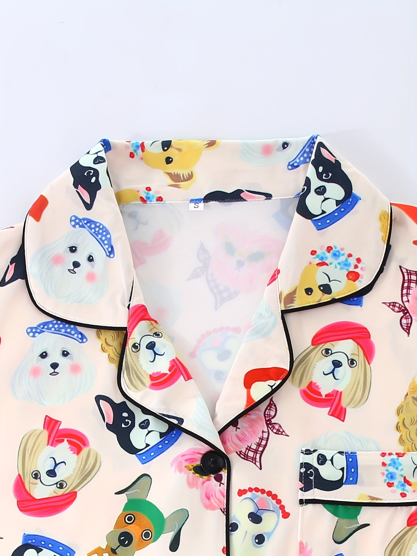 Women'S Pajama Set, Three Pieces, Cute Cartoon Animal Cute Puppy Pattern Design, Casual Turnover Collar Top with Drawstring Waist Shorts and Trousers Summer Four Seasons Wear Coolly, Button Pocket Details Comfortable Knit Fabric Adult Home Wear