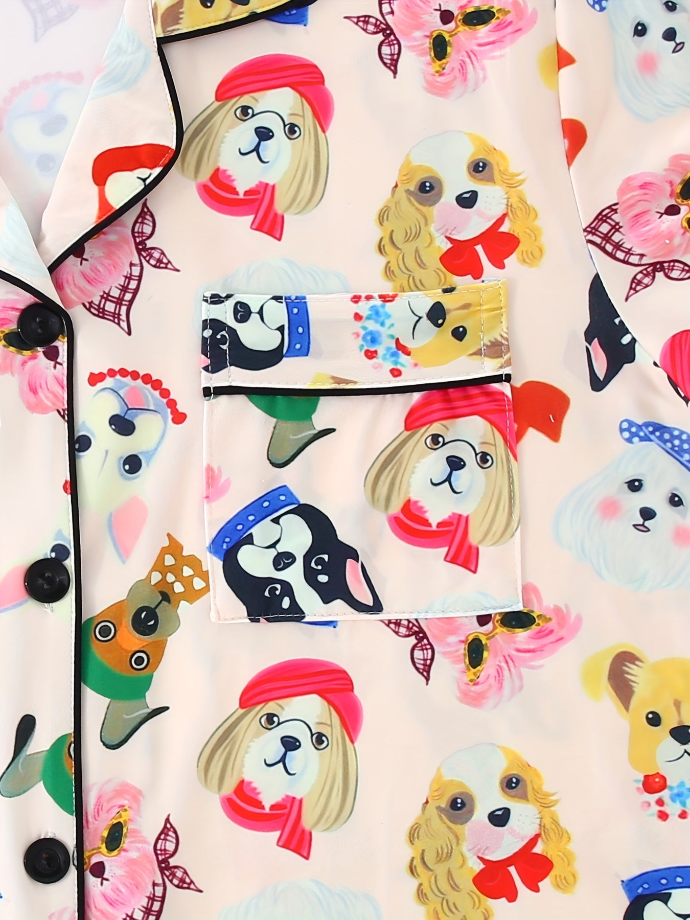 Women'S Pajama Set, Three Pieces, Cute Cartoon Animal Cute Puppy Pattern Design, Casual Turnover Collar Top with Drawstring Waist Shorts and Trousers Summer Four Seasons Wear Coolly, Button Pocket Details Comfortable Knit Fabric Adult Home Wear