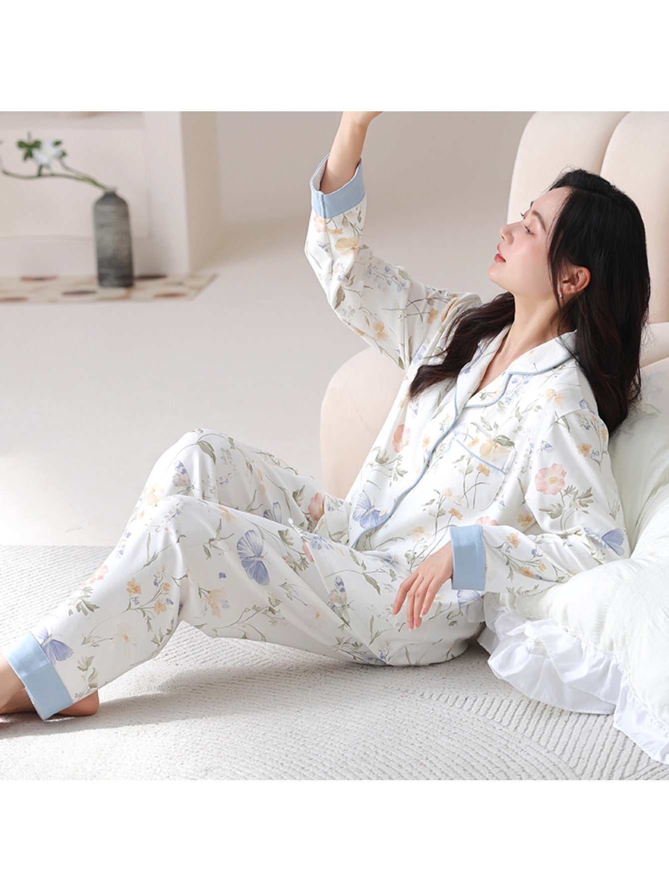 Women'S Floral Print Long Sleeve Pajama Set - Soft Button-Up Shirt & Pants, Light Blue & White Floral Design, Comfortable Casual Wear for Spring/Summer/Fall, Perfect for Home or Outdoor, Pajamas for Women, Seasonal Loungewear, Relaxed Fit Pants, Durable