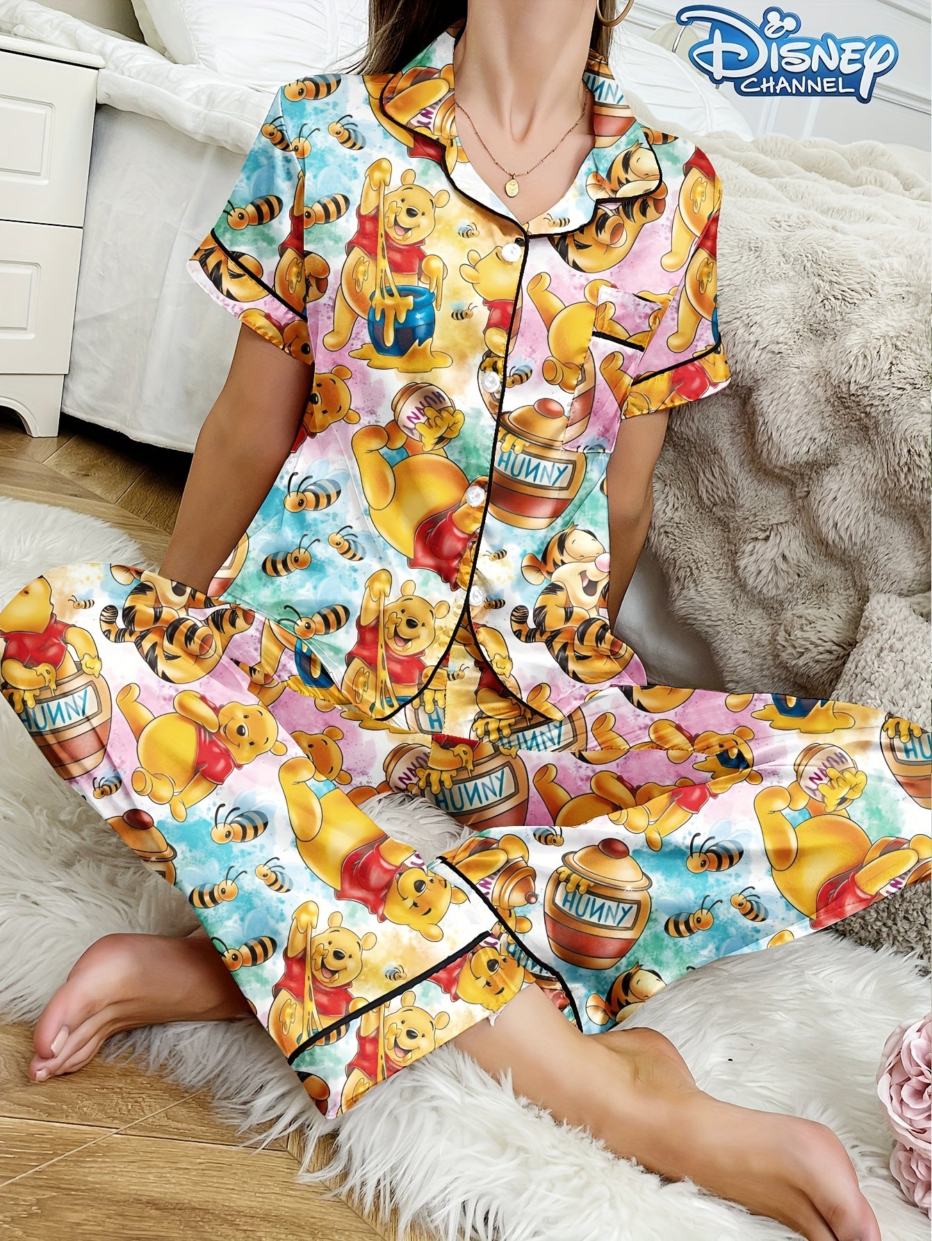 Disney Series Women's Casual Comfortable Pajama Set, Button- Collar Short Sleeve Top & Elastic Waist Pants