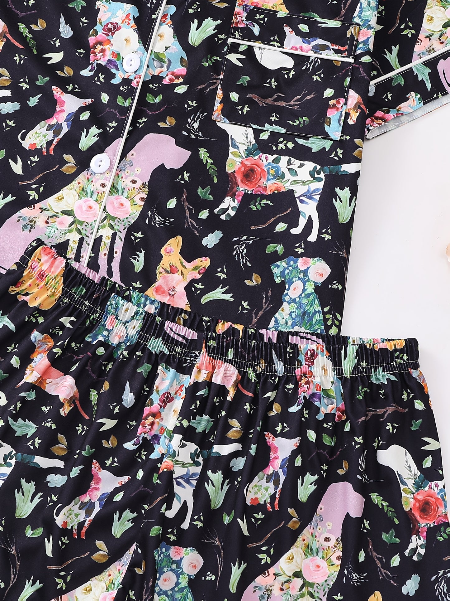 Women'S 2pcs Pajama Set, Cute Dog & Floral Print, Casual Jersey Knit Fabric, Short Sleeve with Lapel Collar, Elastic Loose Shorts, All-Season Comfort, Animal Pattern, 95% Polyester 5% Elastane, 150g/m²