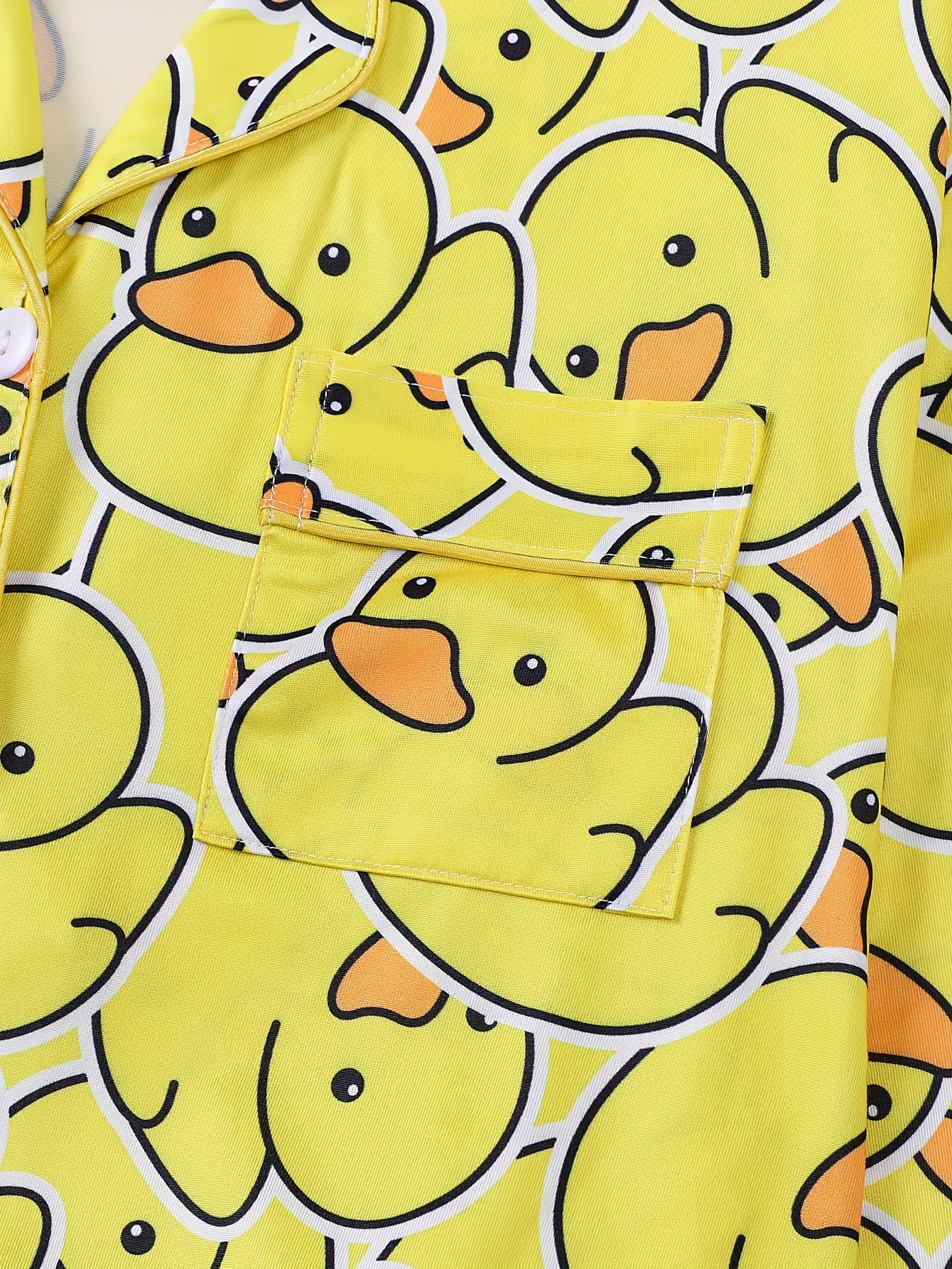 Two Piece Women'S Yellow Duck Print Pajamas Set, Fabric, Comfortable All Year Round, Long Sleeved Button Up Top, Collar And Matching Pants, with Full Body Print And Pocket Details, Suitable for Adult Pajamas Set