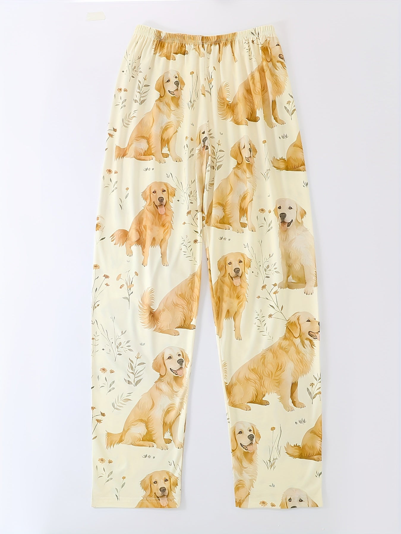 Crew Neck Three Piece Apricot Floral Golden Retriever Puppy Animal Print Adult Pajama Set, Short Sleeve Top And Loose Elastic Shorts And Pants, Casual Four Seasons Women'S Pajama And Loungewear Set, Can Be Worn All Year Round