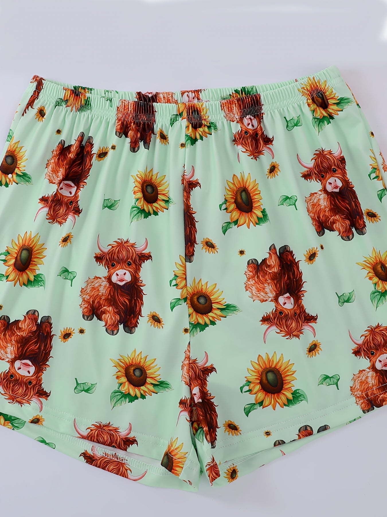 Round Neck Three-Piece Light Green Floral Cow Letter Print Adult Pajama Set, Short Sleeve Top and Loose Elastic Shorts with Long Pants, Casual Four-Season Women's Sleepwear and Loungewear Outfit, Wearable All Year Round