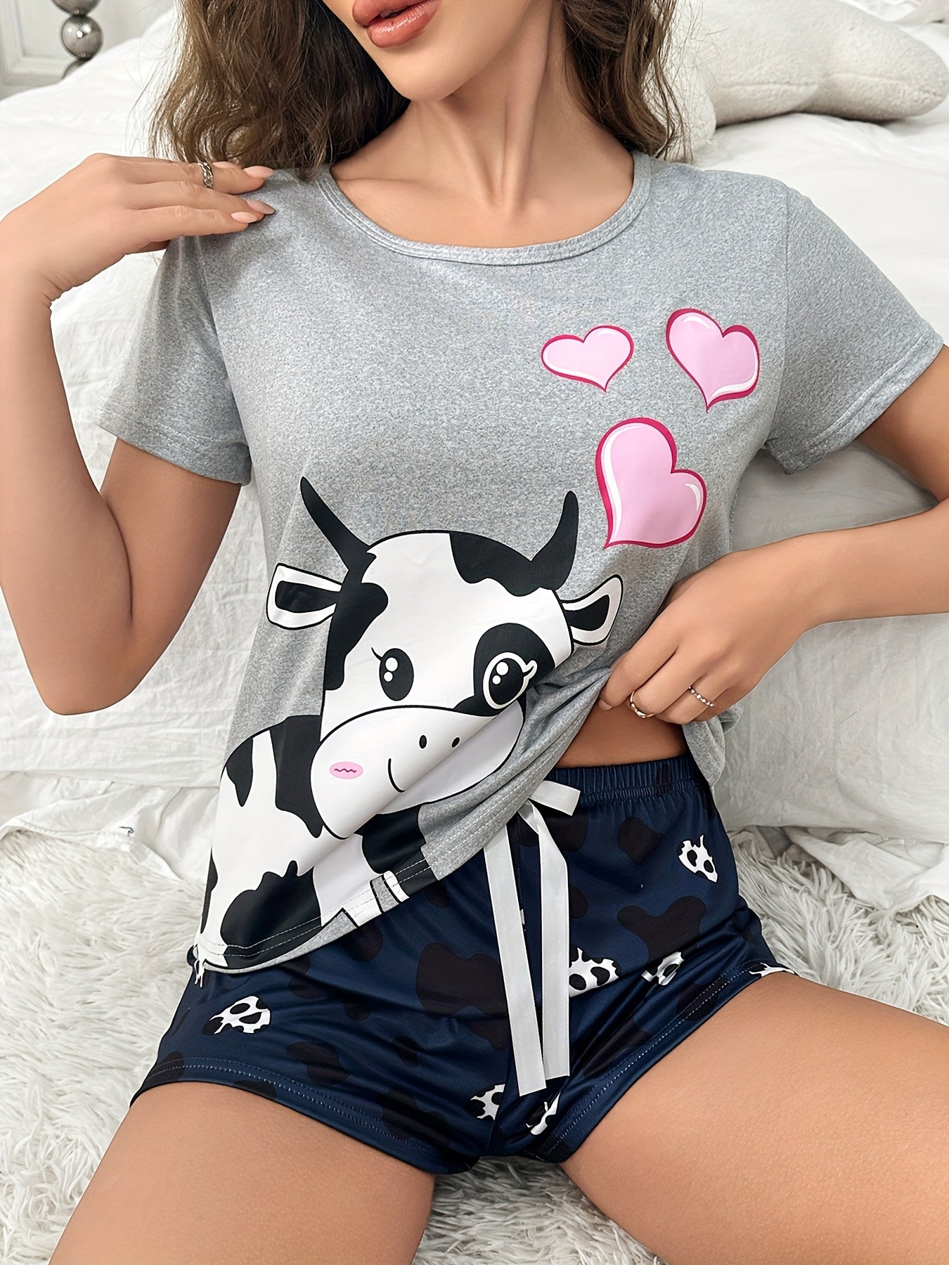 Women's Cute Cartoon Cow Print Pajama Set, Short Sleeve Round Neck Top & Shorts, Comfortable Relaxed Fit