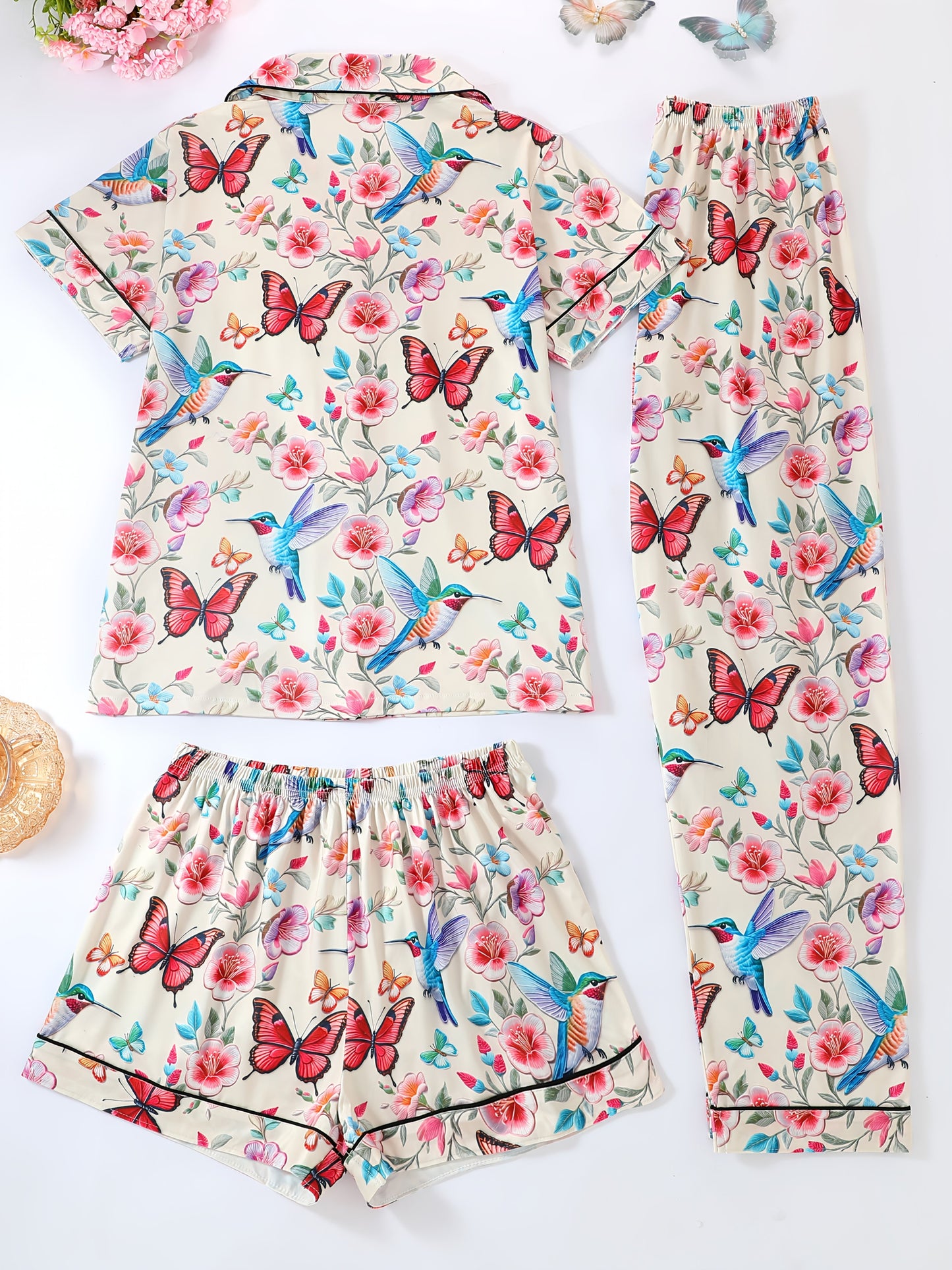 Women's Pajama Set, a Three-Piece Ensemble Featuring Cute Cartoon Animal Designs with Butterflies And Birds, Includes a Casual Collared Top, Drawstring Waist Shorts, And Long Pants Suitable for Summer And All Seasons, Made from Comfortable Fabric with