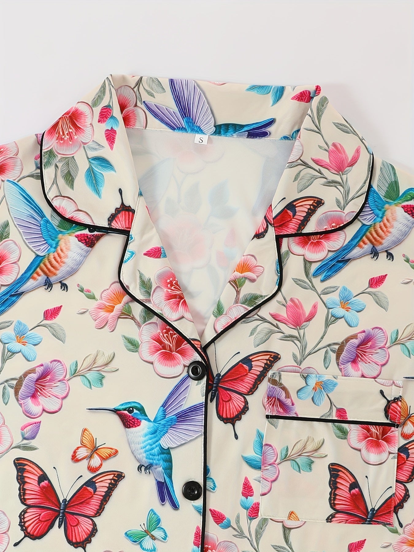 Women's Pajama Set, a Three-Piece Ensemble Featuring Cute Cartoon Animal Designs with Butterflies And Birds, Includes a Casual Collared Top, Drawstring Waist Shorts, And Long Pants Suitable for Summer And All Seasons, Made from Comfortable Fabric with