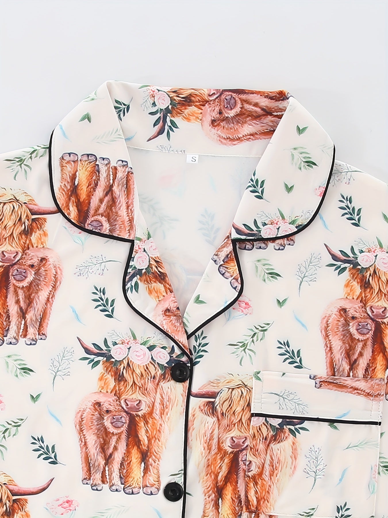 Women's Pajama Set, Cute Cartoon Animal Cow Pattern Design, Casual Lapel Top with Elastic Waist Shorts and Long Pants, Summer Cool Four Seasons Wearable, Buttoned and Pocket Details, Comfort Fabric, Adult Sleepwear Home Outfit