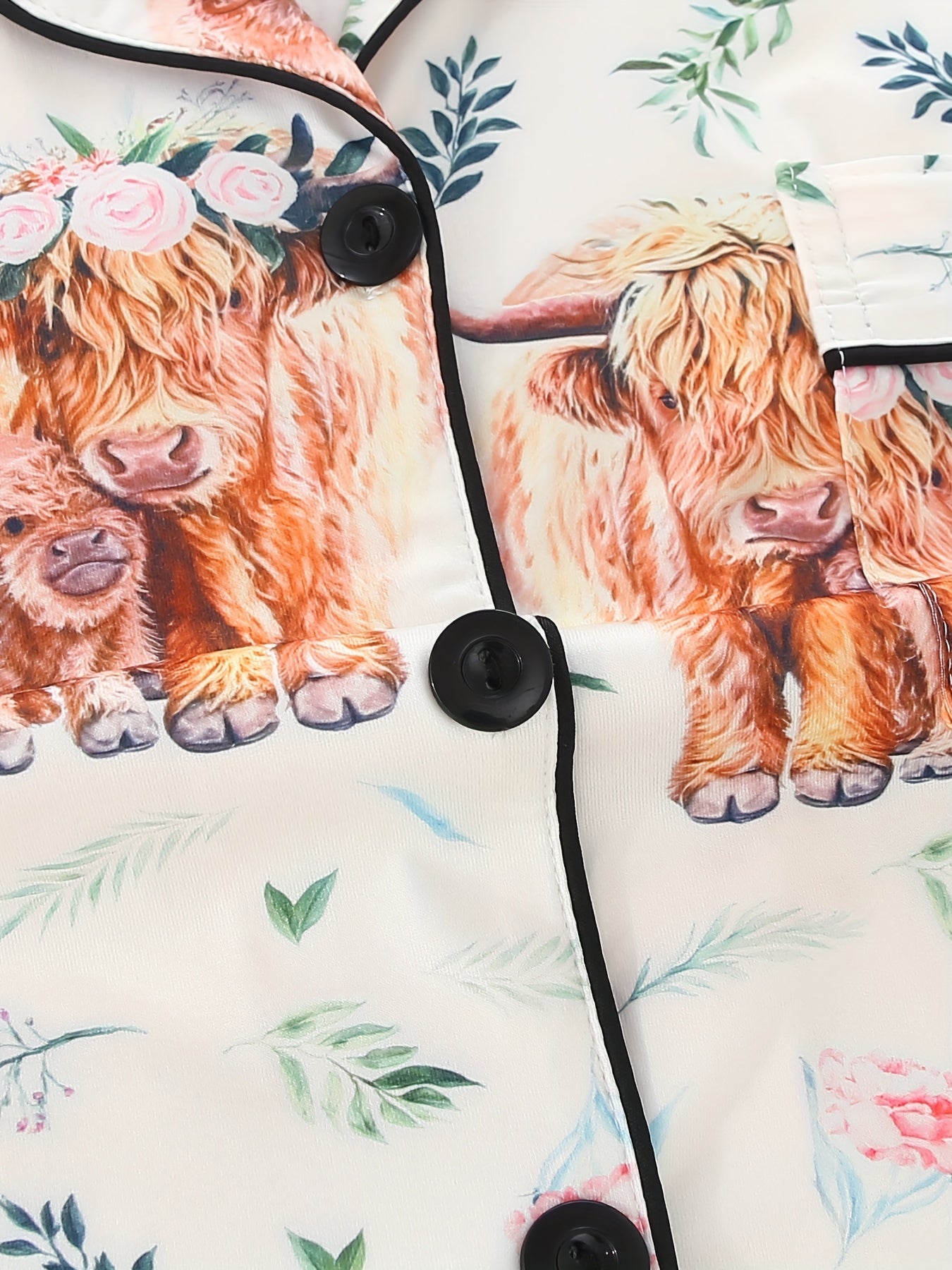 Women's Pajama Set, Cute Cartoon Animal Cow Pattern Design, Casual Lapel Top with Elastic Waist Shorts and Long Pants, Summer Cool Four Seasons Wearable, Buttoned and Pocket Details, Comfort Fabric, Adult Sleepwear Home Outfit