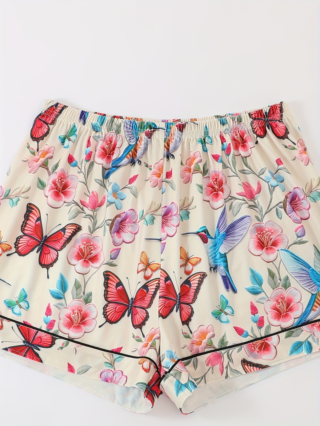 Women's Pajama Set, a Three-Piece Ensemble Featuring Cute Cartoon Animal Designs with Butterflies And Birds, Includes a Casual Collared Top, Drawstring Waist Shorts, And Long Pants Suitable for Summer And All Seasons, Made from Comfortable Fabric with
