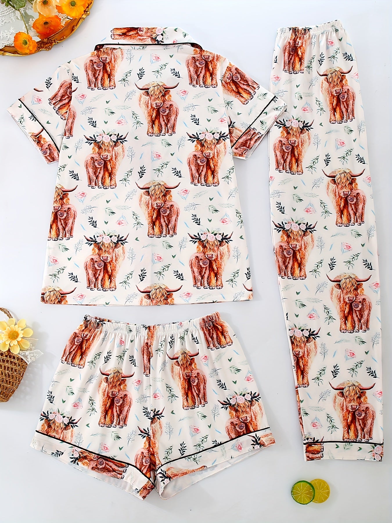 Women's Pajama Set, Cute Cartoon Animal Cow Pattern Design, Casual Lapel Top with Elastic Waist Shorts and Long Pants, Summer Cool Four Seasons Wearable, Buttoned and Pocket Details, Comfort Fabric, Adult Sleepwear Home Outfit