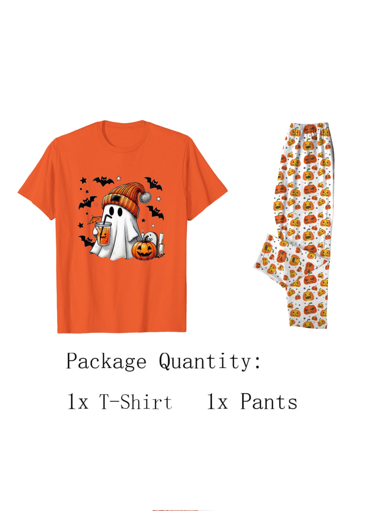 Halloween Themed Pajama Set Orange and Pumpkin Print for Festive Nights