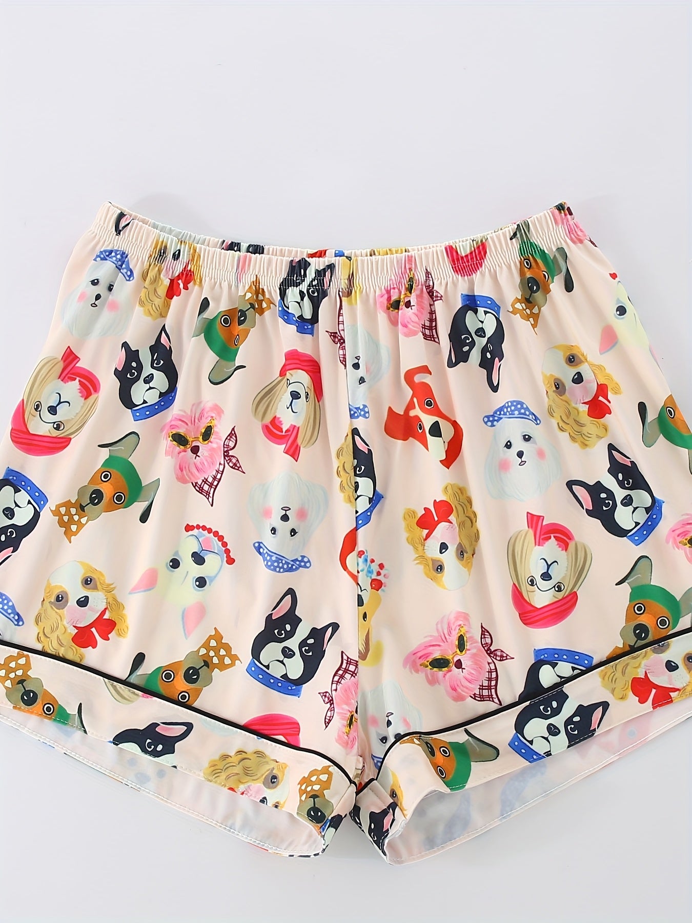 Women'S Pajama Set, Three Pieces, Cute Cartoon Animal Cute Puppy Pattern Design, Casual Turnover Collar Top with Drawstring Waist Shorts and Trousers Summer Four Seasons Wear Coolly, Button Pocket Details Comfortable Knit Fabric Adult Home Wear