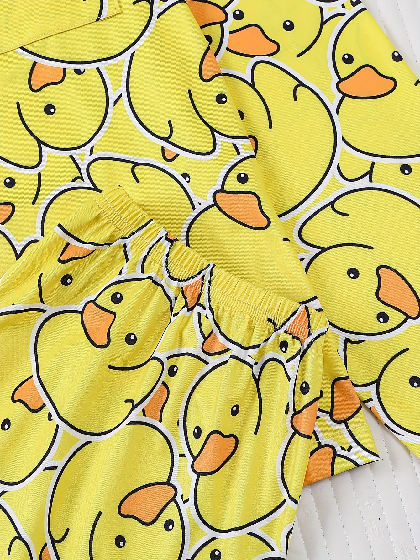 Two Piece Women'S Yellow Duck Print Pajamas Set, Fabric, Comfortable All Year Round, Long Sleeved Button Up Top, Collar And Matching Pants, with Full Body Print And Pocket Details, Suitable for Adult Pajamas Set