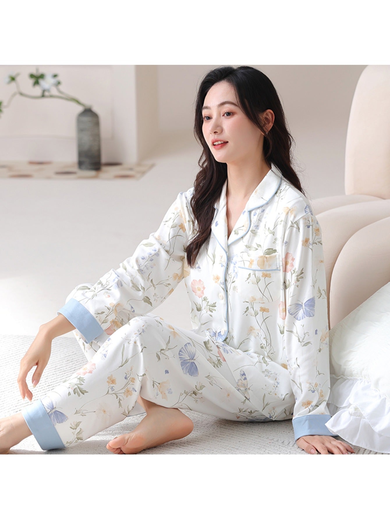 Women'S Floral Print Long Sleeve Pajama Set - Soft Button-Up Shirt & Pants, Light Blue & White Floral Design, Comfortable Casual Wear for Spring/Summer/Fall, Perfect for Home or Outdoor, Pajamas for Women, Seasonal Loungewear, Relaxed Fit Pants, Durable
