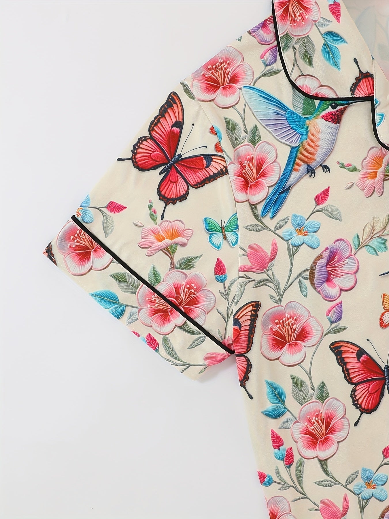 Women's Pajama Set, a Three-Piece Ensemble Featuring Cute Cartoon Animal Designs with Butterflies And Birds, Includes a Casual Collared Top, Drawstring Waist Shorts, And Long Pants Suitable for Summer And All Seasons, Made from Comfortable Fabric with
