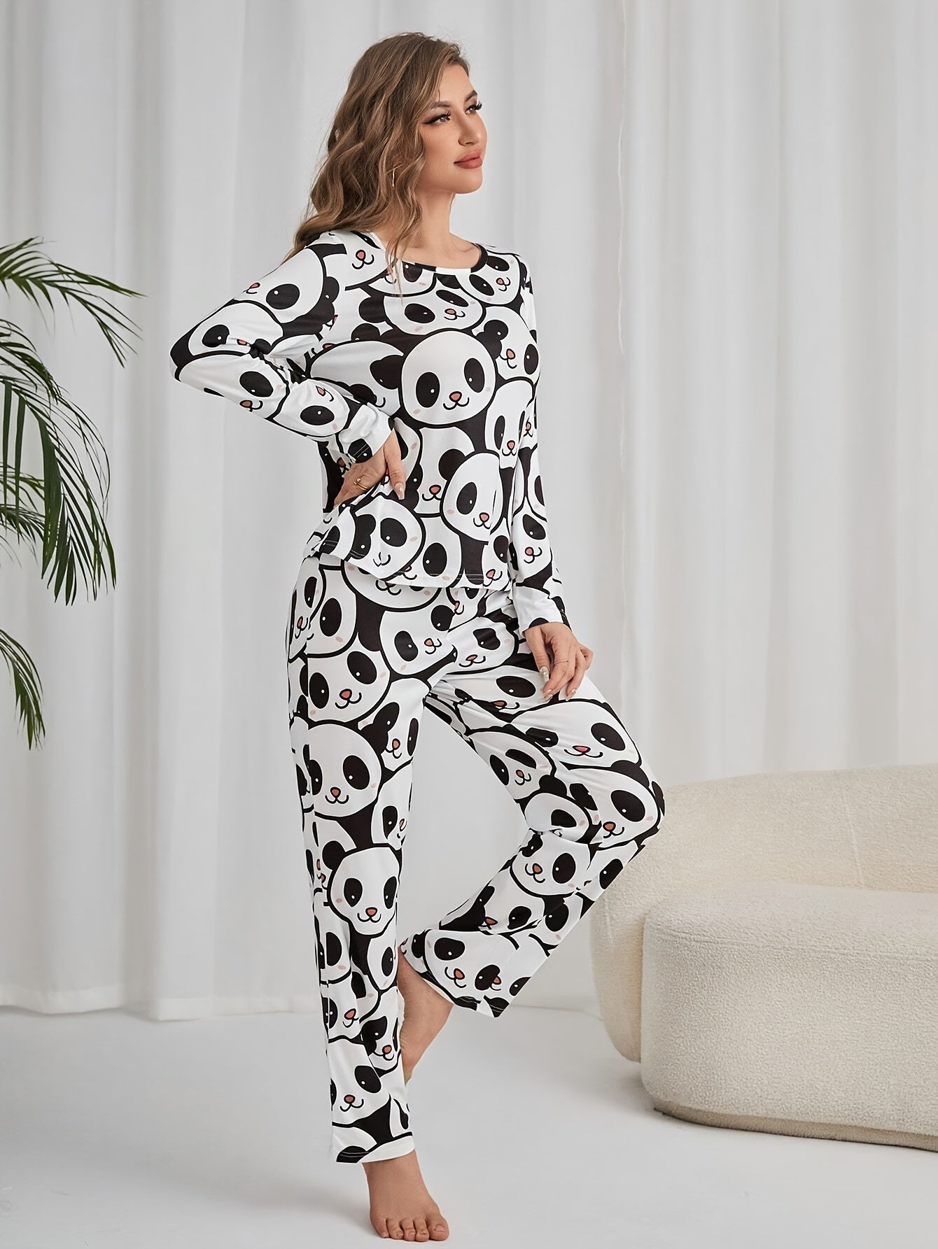 Women'S Cute Panda Print Pajama Set, Long Sleeve Round Neck Top & Pants, Comfortable Relaxed Fit For Fall