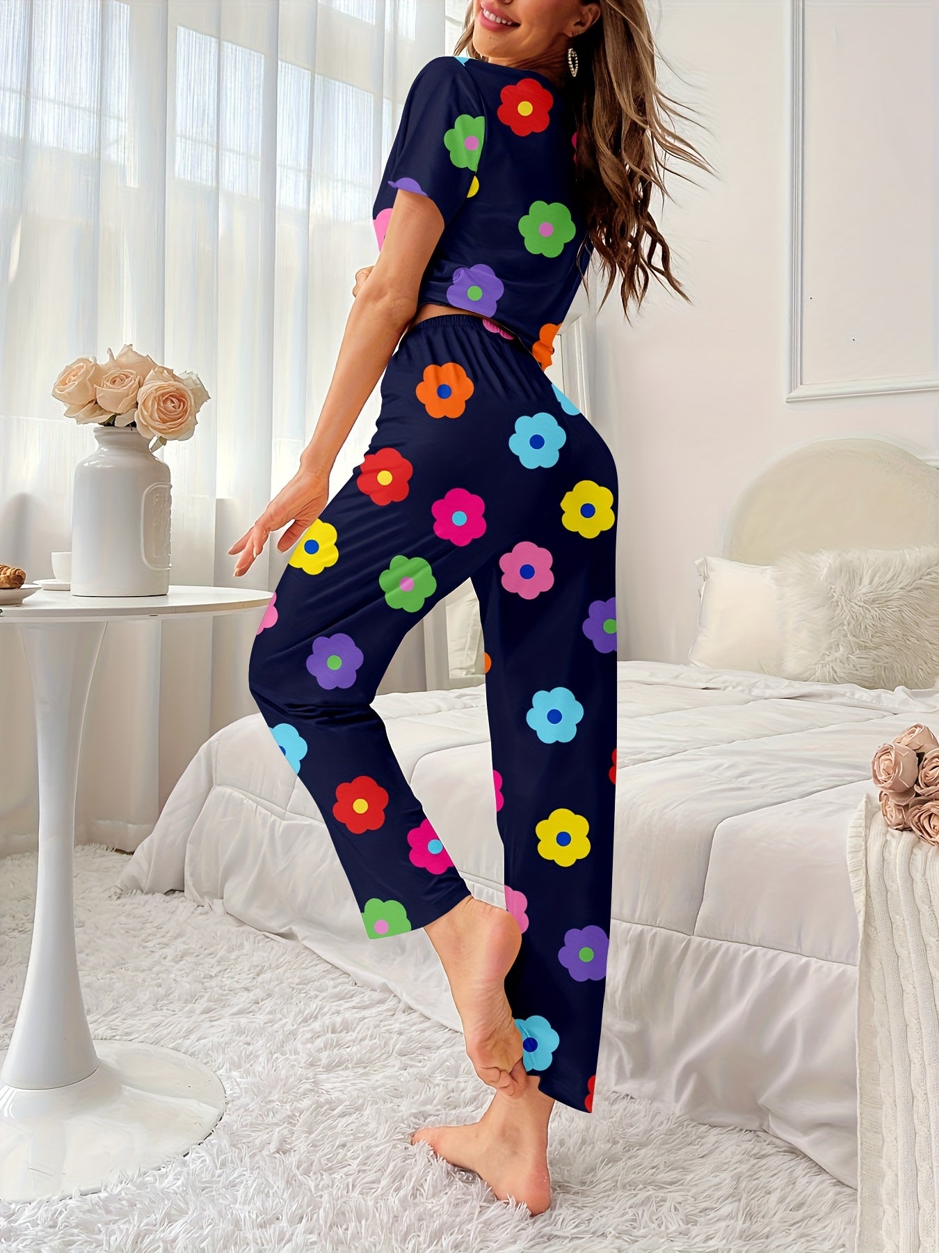 Women'S Casual Floral Print Pajama Set - Short Sleeve Top & Pants, Loose Fit, Machine Washable, Black with Colorful Flowers, All-Season Comfort Loungewear, Relaxed Fit Pajamas | Playful Design | Comfortable Fit, Ladies Pajamas