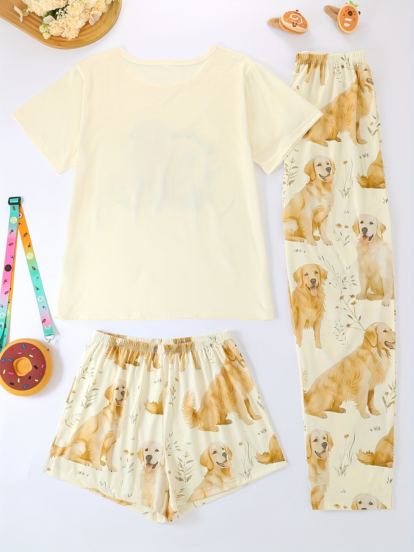 Three-piece pajama set, round-neck short-sleeve pullover and loose elastic shorts with extended length, Golden retriever print design, cool for summer wear, casual four-season Women's sleepwear and loungewear outfit