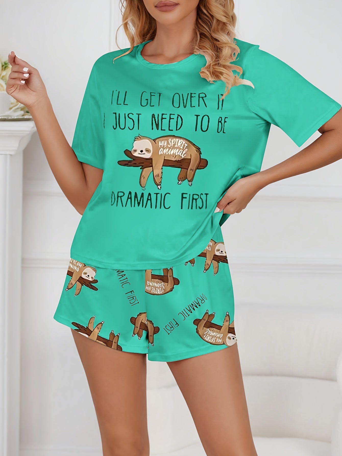 Women's comfortable 2pcs set of short-sleeved shorts home pajamas, comfortable soft elastic fabric, animal letter printing design loungewear, suitable for all seasons
