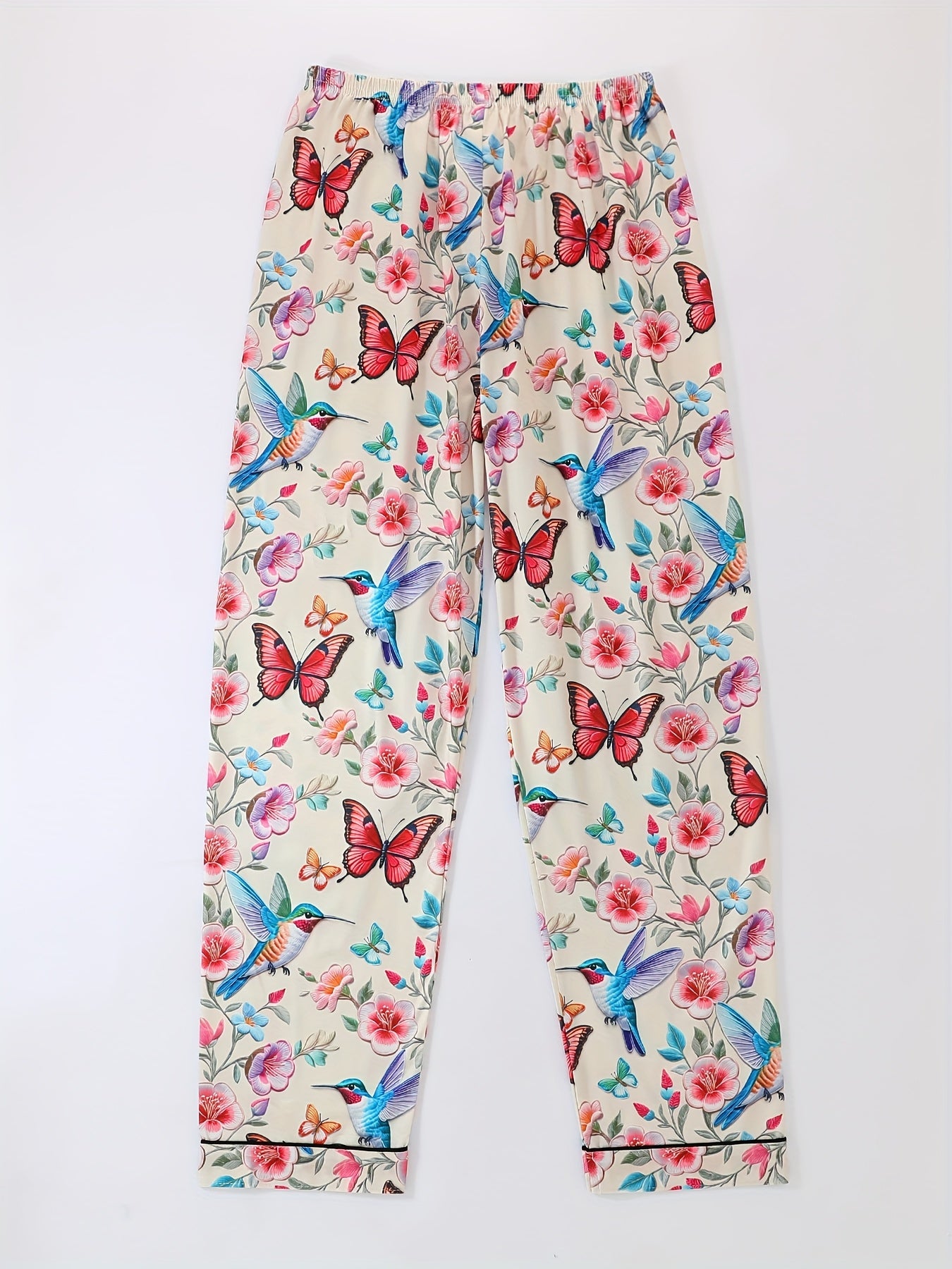 Women's Pajama Set, a Three-Piece Ensemble Featuring Cute Cartoon Animal Designs with Butterflies And Birds, Includes a Casual Collared Top, Drawstring Waist Shorts, And Long Pants Suitable for Summer And All Seasons, Made from Comfortable Fabric with