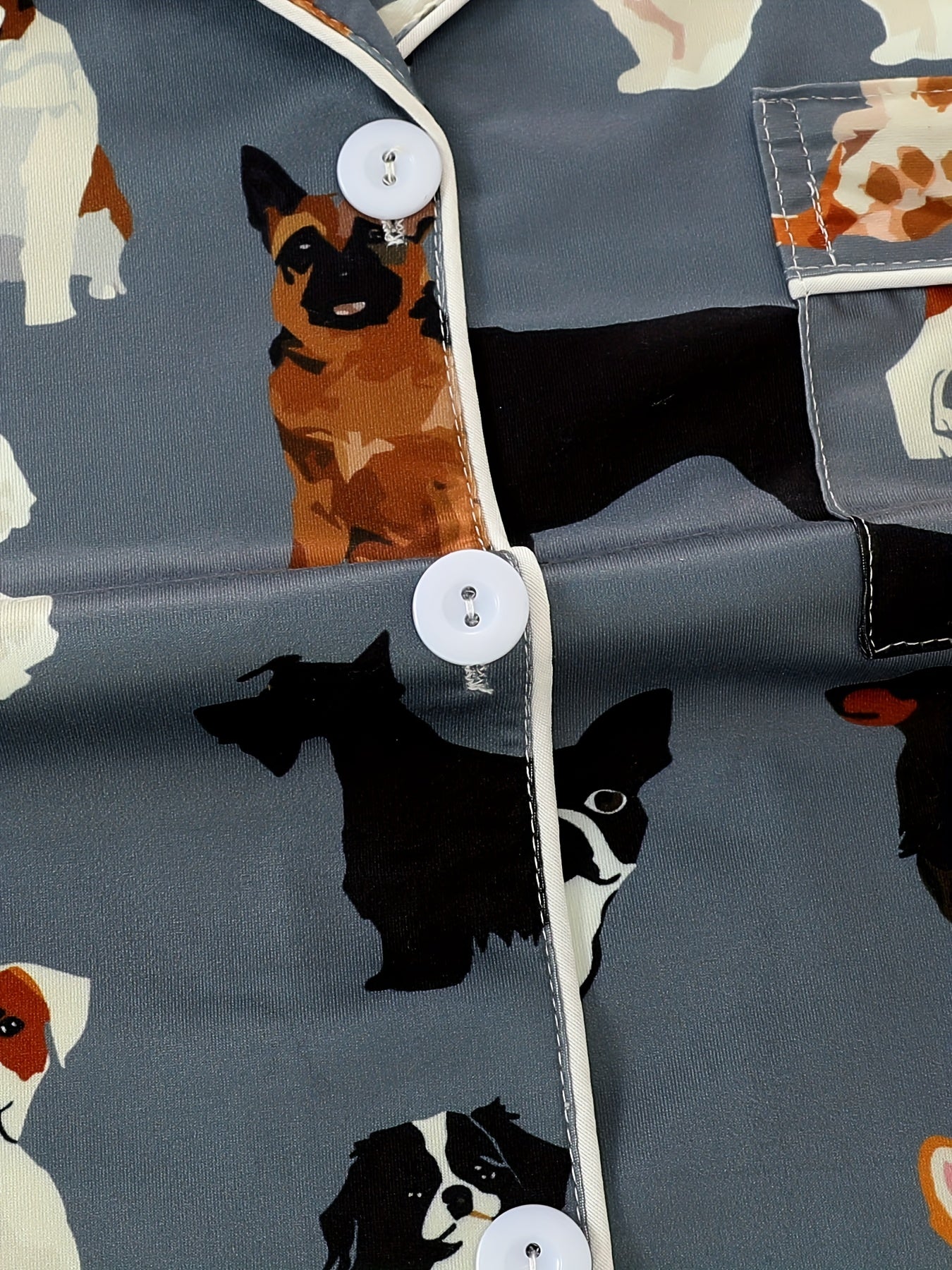 Women'S Pajama Set with Cartoon Dog Animal Print, Dark Gray Short Sleeve Shirt with Pocket & Elastic Waist Shorts, Casual Comfortable Loungewear for All Season
