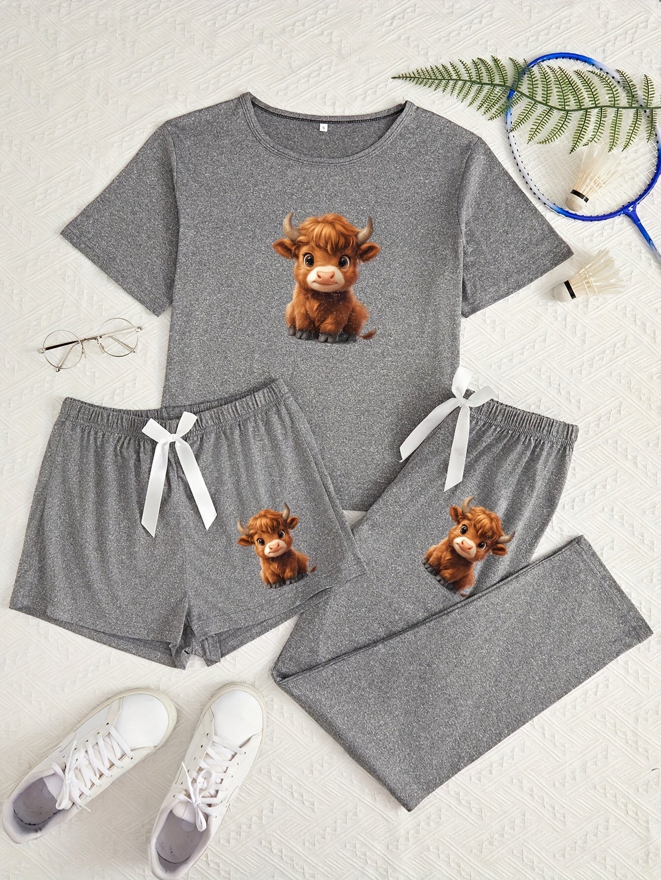 Women's Cute Cow Print Pajama Set Three-Piece