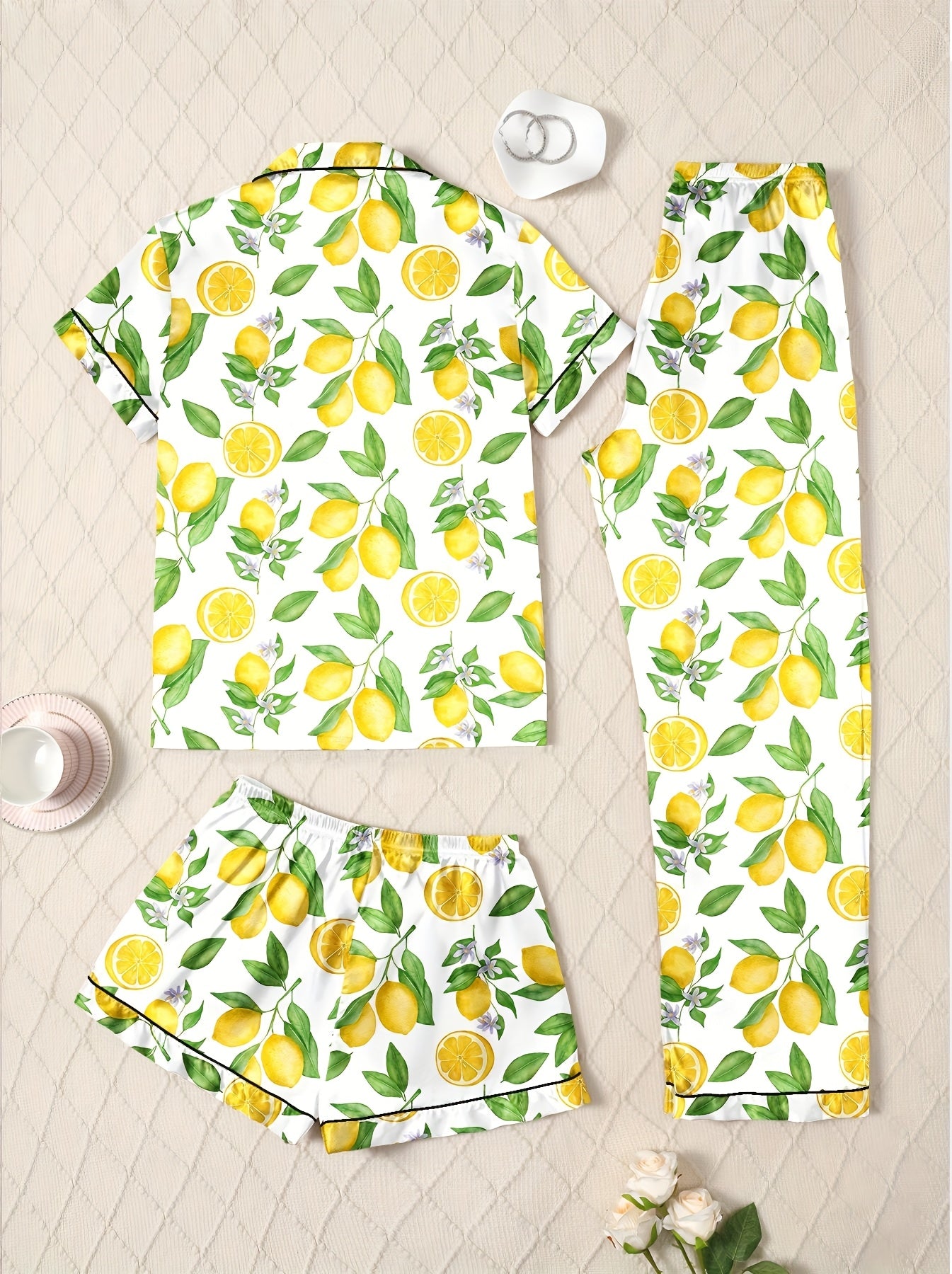 Women'S Casual Lemon Print Pajama Set - Short Sleeve, Shorts, and Pants with Vibrant Citrus Pattern, Perfect for Fall/Winter, Loungewear|Playful Print|Comfortable Fit, Lemon Kitchen Wear