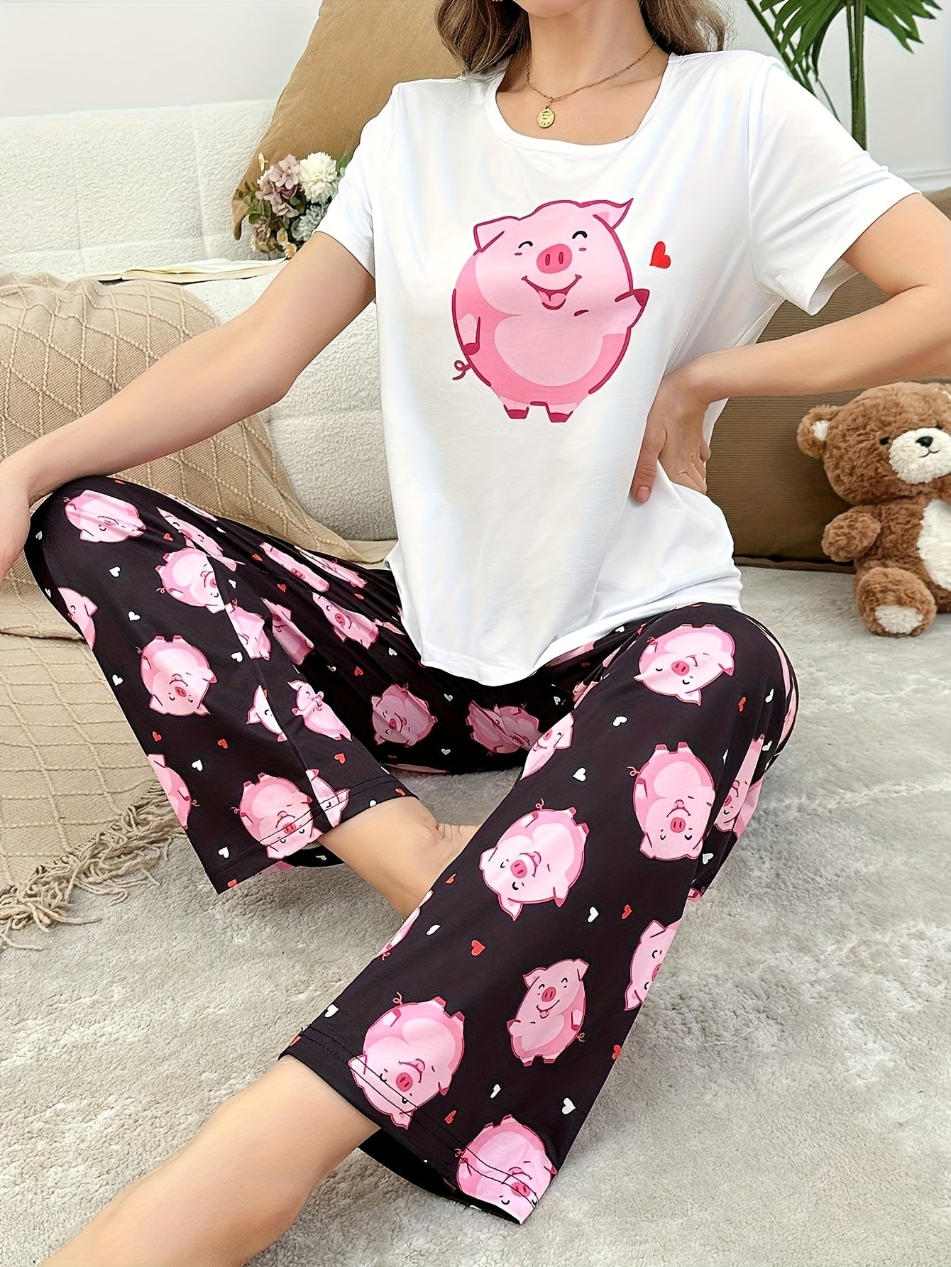 2pcs Women's Cute Pig Casual T-shirt Set, Loose Sleepwear