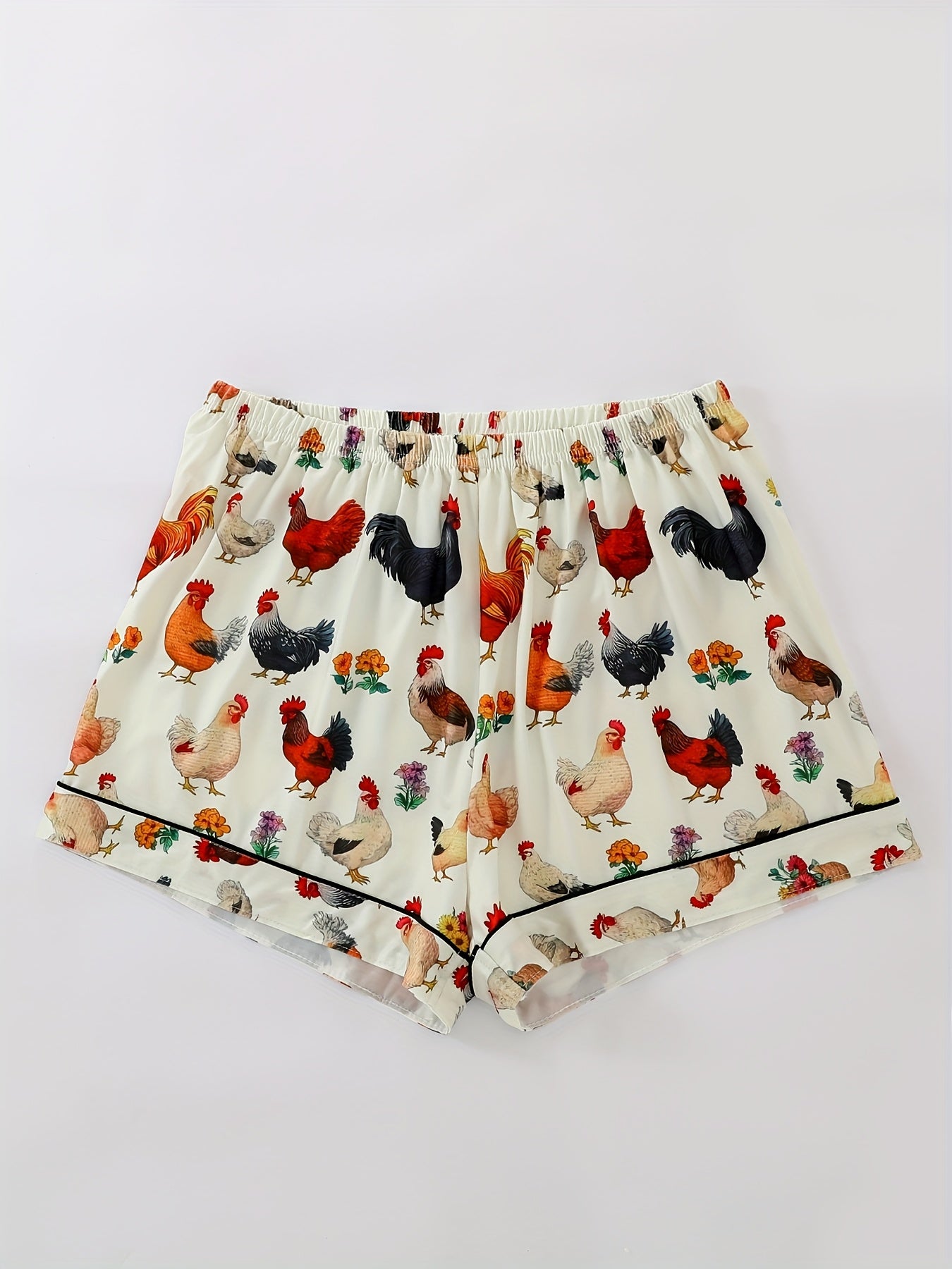 Women'S Pajama Set Two-Piece, Featuring a Charming Garden Style Chicken Print, Comfortable Outdoor And Home Wear with a Collared Button, a Comfortable Short-Sleeve Top, And Loose Elastic Shorts, Suitable for Summer, Suitable for All Seasons.