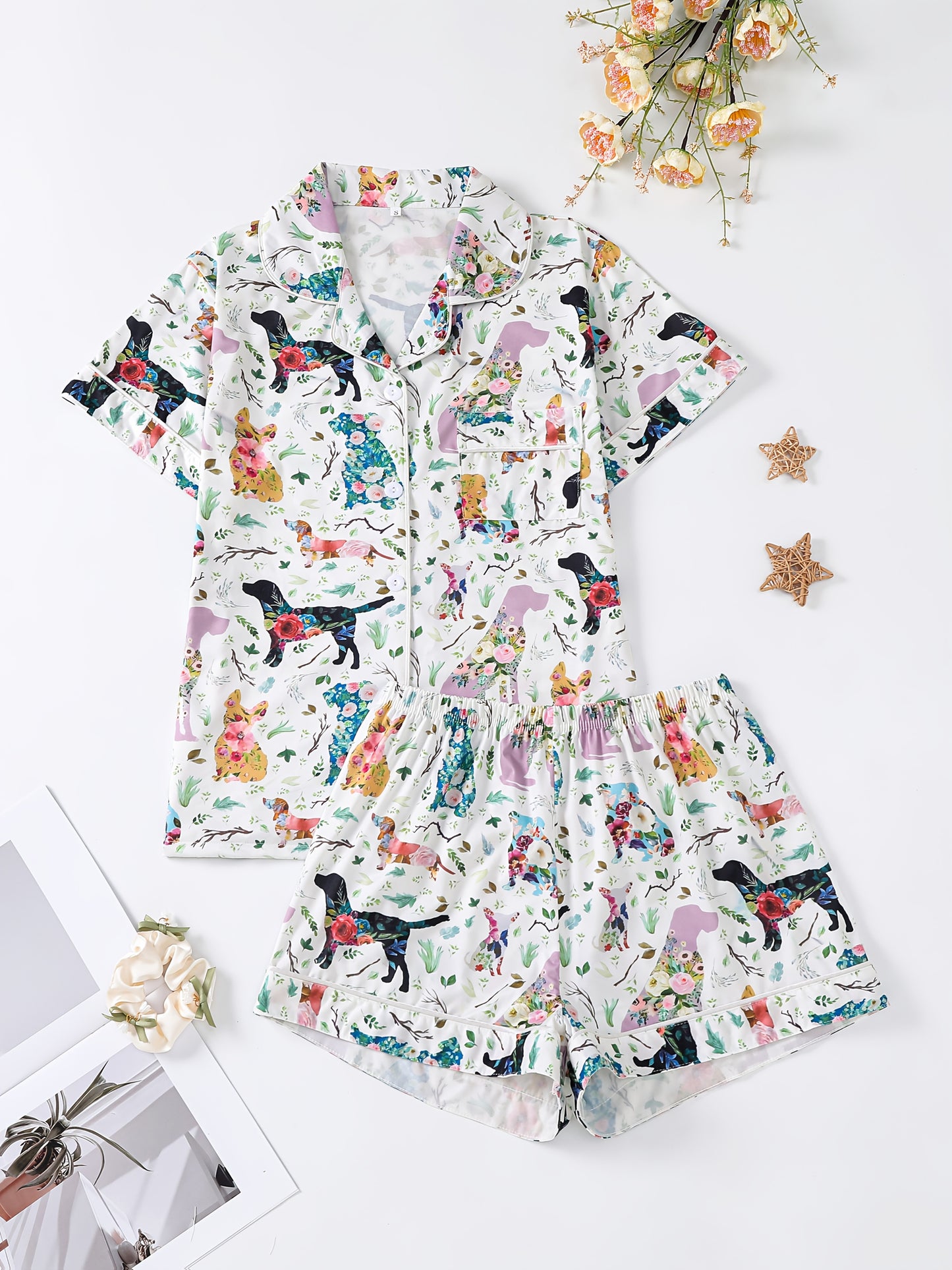 Women'S 2pcs Pajama Set, Cute Dog & Floral Print, Casual Jersey Knit Fabric, Short Sleeve with Lapel Collar, Elastic Loose Shorts, All-Season Comfort, Animal Pattern, 95% Polyester 5% Elastane, 150g/m²