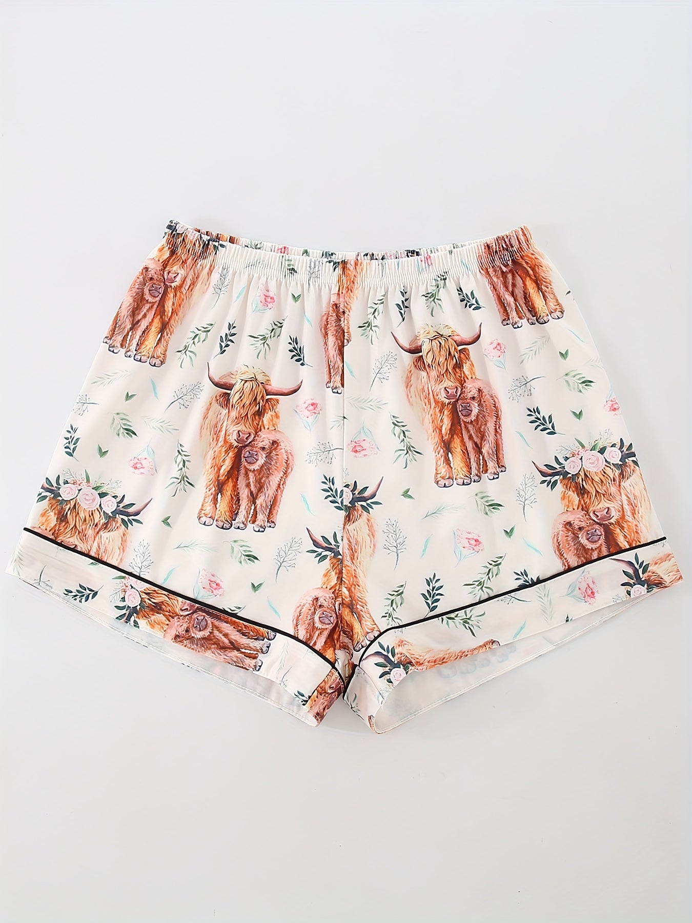Women's Pajama Set, Cute Cartoon Animal Cow Pattern Design, Casual Lapel Top with Elastic Waist Shorts and Long Pants, Summer Cool Four Seasons Wearable, Buttoned and Pocket Details, Comfort Fabric, Adult Sleepwear Home Outfit