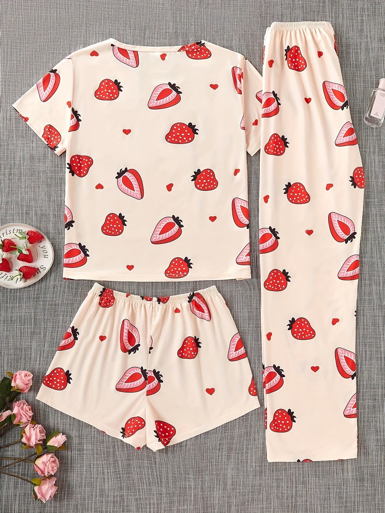 Ladies' three-piece strawberry-patterned pajamas set