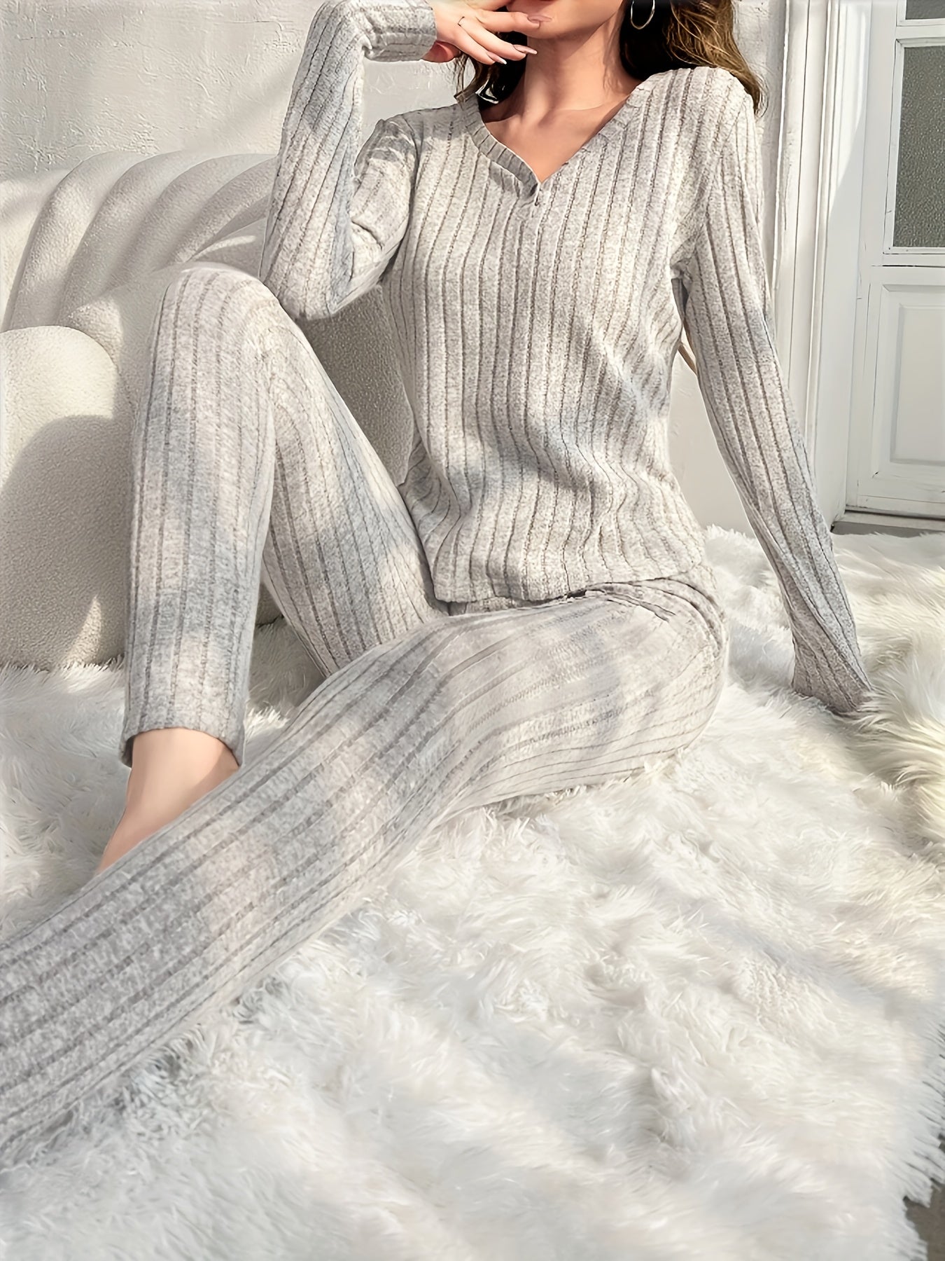 2pcs Women's Soft Polyester Pajama Set - Elegant Gray V-Neck Long Sleeve Nightgown & Pants with Vertical Stripe Design, Cozy Fall/Winter Sleepwear, Machine Washable Comfort Fit Lounge Set in Neutral Beige/Gray Tones for Women, Adult Women's Elegant