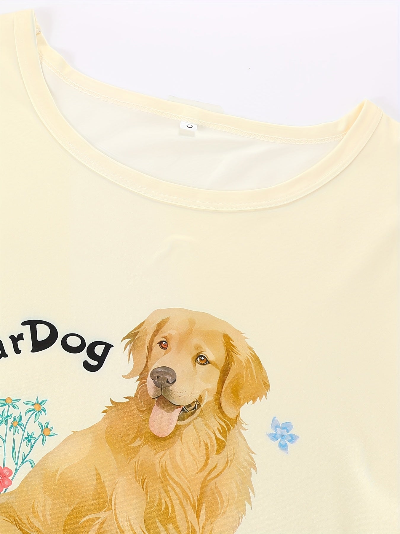 Crew Neck Three Piece Apricot Floral Golden Retriever Puppy Animal Print Adult Pajama Set, Short Sleeve Top And Loose Elastic Shorts And Pants, Casual Four Seasons Women'S Pajama And Loungewear Set, Can Be Worn All Year Round