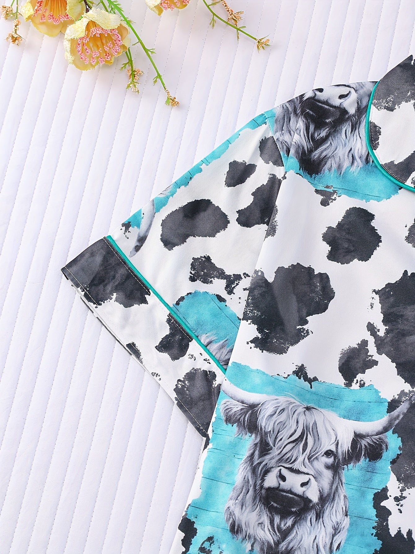 Two Piece Women's White Pajama Set, Cow Print, Fabric, Comfortable for All Seasons, Short Sleeved Button Top, Collar And Matching Shorts, with Full Body Print And Pocket Details, Suitable for Adult Pajama Set