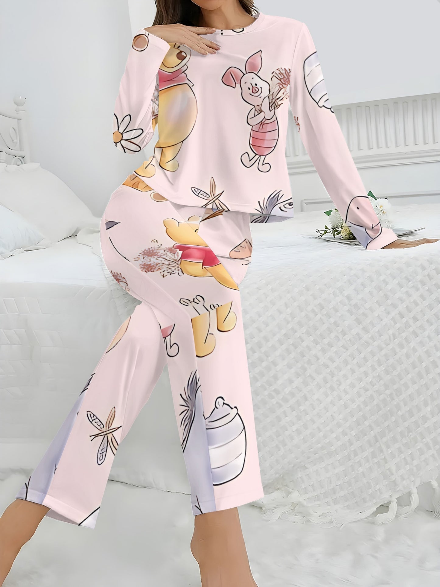 [Disney Winnie the Pooh Pajamas] Disney Officially Licensed Winnie the Pooh Cozy Long Sleeve & Pants Pajama Set with Adorable 3D Prints - Perfect for Sleepovers! 8-6-2, Casual Crew Neck, All Over Print, Long Sleeve Pullovers for Spring/Summer/Fall,