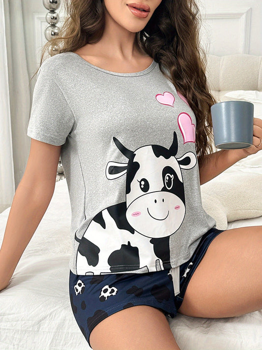Women's Cute Cartoon Cow Print Pajama Set, Short Sleeve Round Neck Top & Shorts, Comfortable Relaxed Fit