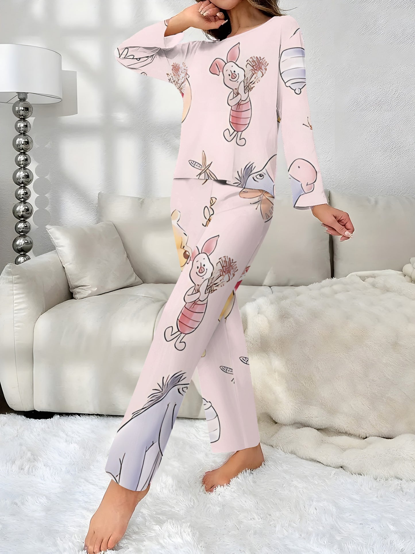 [Disney Winnie the Pooh Pajamas] Disney Officially Licensed Winnie the Pooh Cozy Long Sleeve & Pants Pajama Set with Adorable 3D Prints - Perfect for Sleepovers! 8-6-2, Casual Crew Neck, All Over Print, Long Sleeve Pullovers for Spring/Summer/Fall,