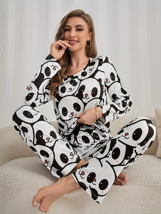 Women'S Cute Panda Print Pajama Set, Long Sleeve Round Neck Top & Pants, Comfortable Relaxed Fit For Fall