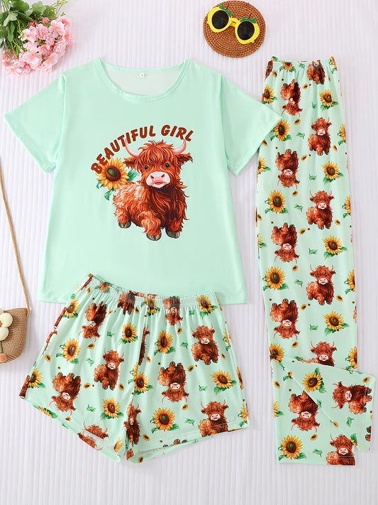 Round Neck Three-Piece Light Green Floral Cow Letter Print Adult Pajama Set, Short Sleeve Top and Loose Elastic Shorts with Long Pants, Casual Four-Season Women's Sleepwear and Loungewear Outfit, Wearable All Year Round