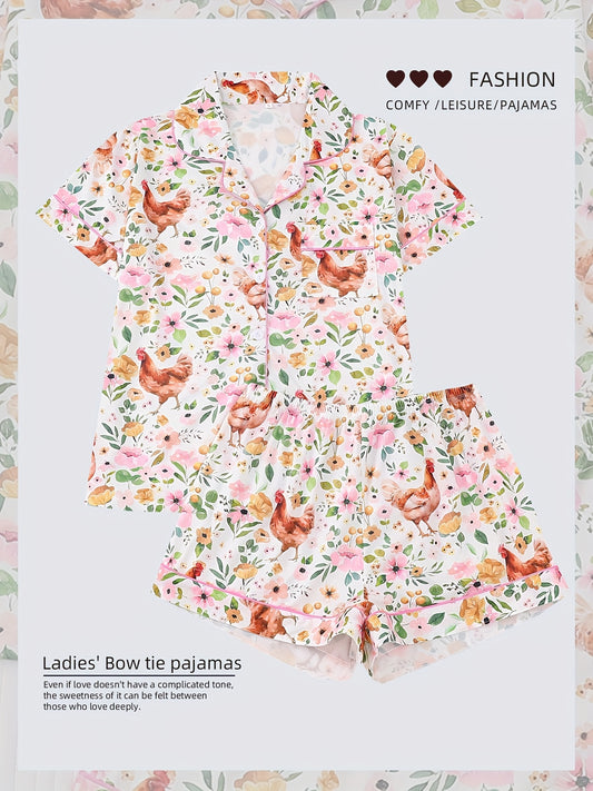 Two Piece Women's Elegant Polyester Pajama Set, Knitted Fabric, Comfortable for All Seasons, Short Sleeved Button Up Top, Collar And Same Shorts, with Animal Print And Pocket Details, Suitable for Adult Pajama Set