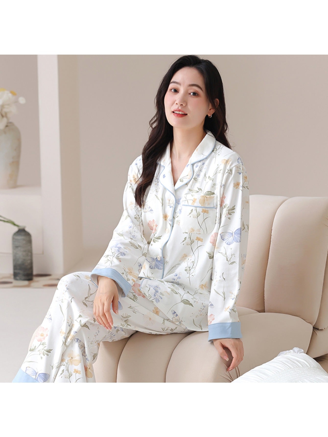 Women'S Floral Print Long Sleeve Pajama Set - Soft Button-Up Shirt & Pants, Light Blue & White Floral Design, Comfortable Casual Wear for Spring/Summer/Fall, Perfect for Home or Outdoor, Pajamas for Women, Seasonal Loungewear, Relaxed Fit Pants, Durable
