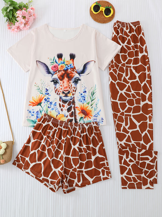 [3pcs Soft Giraffe Pajama Set] 3pcs Women's Soft Fabric Giraffe Floral Print Pajama Set | Short Sleeve Crew Neck Top & Elastic Waist Shorts & Pants, All-Season Comfort, Casual Animal Print Sleepwear, Giraffe Decor