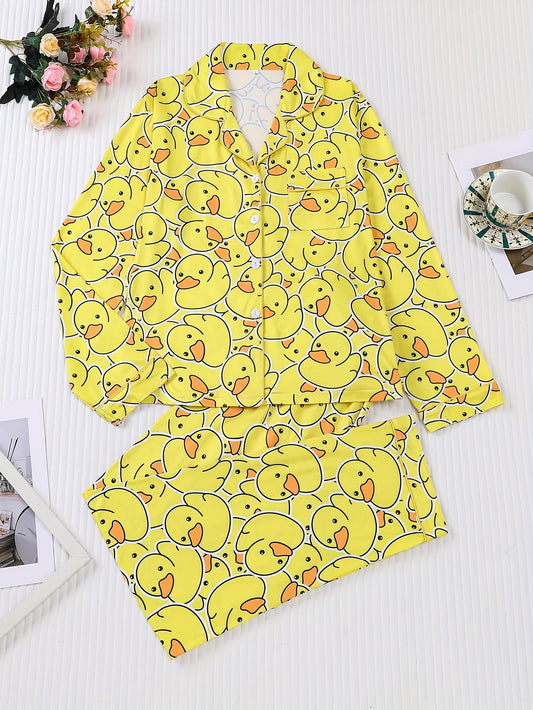 Two Piece Cardigan Long Sleeved Paired with Long Pants Pajama Set, Featuring A Small Yellow Duck Print, Suitable for All Seasons As A Home Outfit, with A Lapel Collar for Women