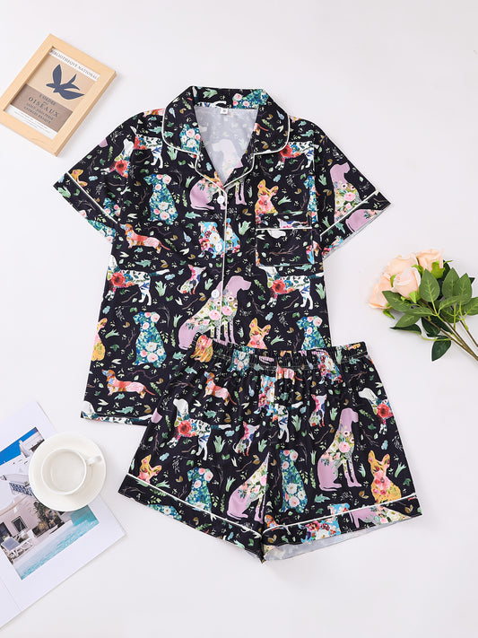 Women'S 2pcs Pajama Set, Cute Dog & Floral Print, Casual Jersey Knit Fabric, Short Sleeve with Lapel Collar, Elastic Loose Shorts, All-Season Comfort, Animal Pattern, 95% Polyester 5% Elastane, 150g/m²