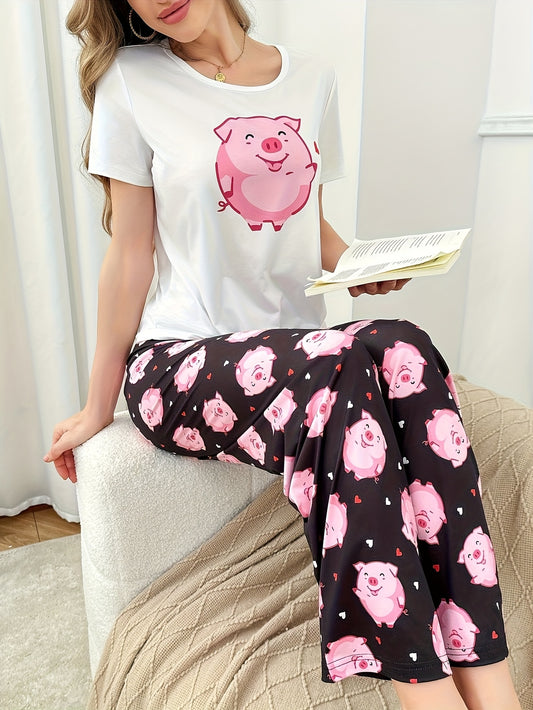 2pcs Women's Cute Pig Casual T-shirt Set, Loose Sleepwear