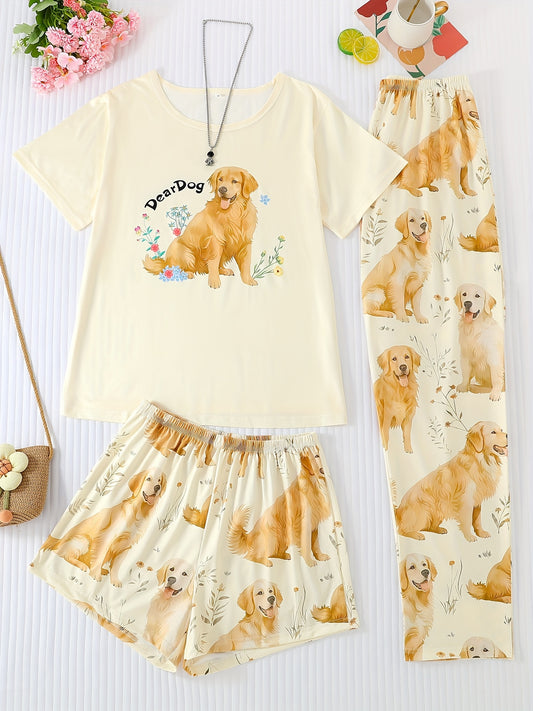 Crew Neck Three Piece Apricot Floral Golden Retriever Puppy Animal Print Adult Pajama Set, Short Sleeve Top And Loose Elastic Shorts And Pants, Casual Four Seasons Women'S Pajama And Loungewear Set, Can Be Worn All Year Round