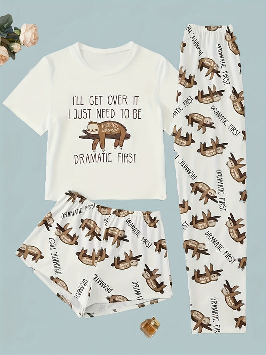 Summer Cool-sense Pajamas For Women, Three-piece Set With Sloth Bear Pattern Short Sleeves, High-end Feeling Home Clothes
